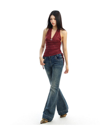 TALKLESSFASHION BIGGOLD hot girl pure desire backless V-neck red neck camisole female slim waist short sleeveless top