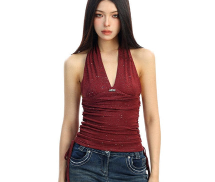 TALKLESSFASHION BIGGOLD hot girl pure desire backless V-neck red neck camisole female slim waist short sleeveless top