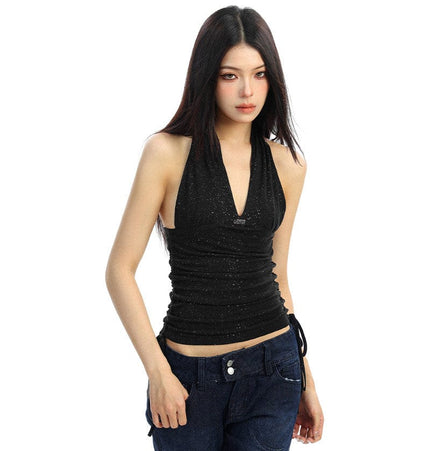 TALKLESSFASHION BIGGOLD hot girl pure desire backless V-neck red neck camisole female slim waist short sleeveless top