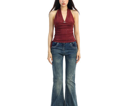 TALKLESSFASHION BIGGOLD hot girl pure desire backless V-neck red neck camisole female slim waist short sleeveless top