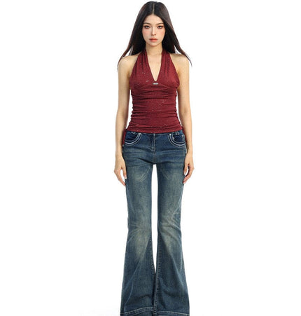 TALKLESSFASHION BIGGOLD hot girl pure desire backless V-neck red neck camisole female slim waist short sleeveless top