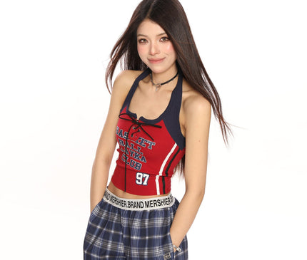 TALKLESSFASHION BIGGOLD hot girl sports style contrast halterneck strap suspender women's summer slim slimming short vest ins