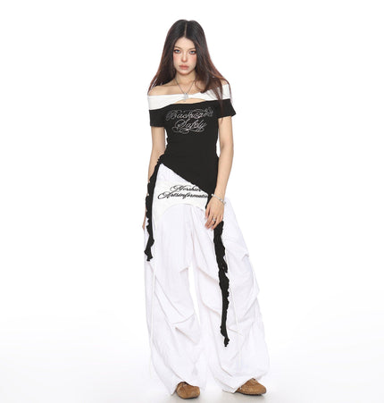 THETLSTUDIO BIGGOLD one-neck short-sleeved T-shirt women's summer slimming cropped top irregular tassel diamond-encrusted casual T-shirt