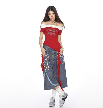 THETLSTUDIO BIGGOLD one-neck short-sleeved T-shirt women's summer slimming cropped top irregular tassel diamond-encrusted casual T-shirt