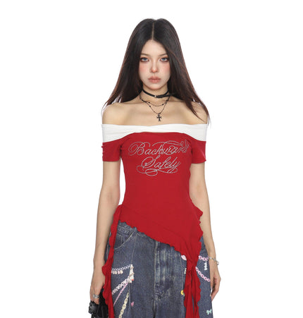 THETLSTUDIO BIGGOLD one-neck short-sleeved T-shirt women's summer slimming cropped top irregular tassel diamond-encrusted casual T-shirt