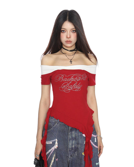 TALKLESSFASHION BIGGOLD one-neck short-sleeved T-shirt women's summer slimming cropped top irregular tassel diamond-encrusted casual T-shirt