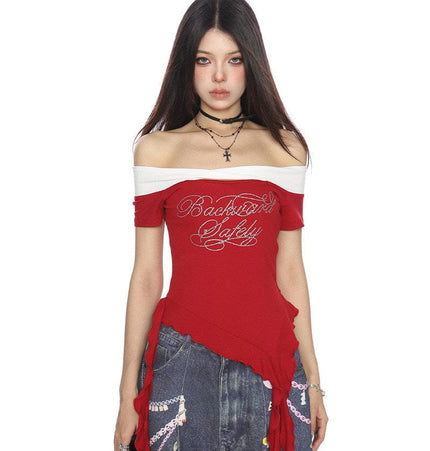 THETLSTUDIO BIGGOLD one-neck short-sleeved T-shirt women's summer slimming cropped top irregular tassel diamond-encrusted casual T-shirt