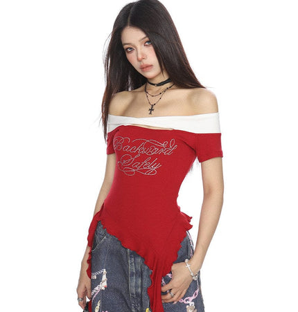 THETLSTUDIO BIGGOLD one-neck short-sleeved T-shirt women's summer slimming cropped top irregular tassel diamond-encrusted casual T-shirt