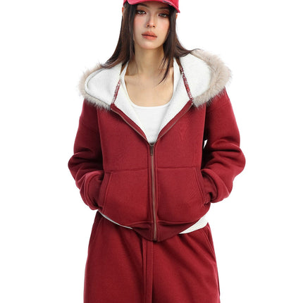 TALKLESSFASHION BIGGOLD Red Battle Robe Fur Collar Hooded Sweatshirt Women's Autumn Winter New Year Top Christmas Plush Pants Two-Piece Set