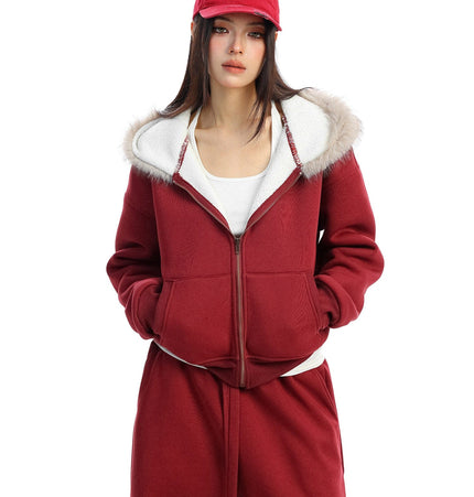 THETLSTUDIO BIGGOLD Red Battle Robe Fur Collar Hooded Sweatshirt Women's Autumn Winter New Year Top Christmas Plush Pants Two-Piece Set