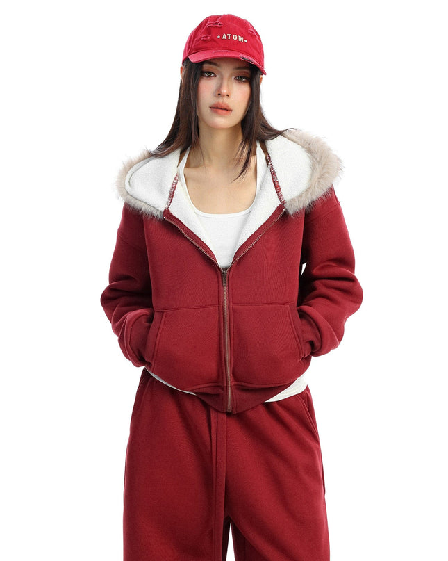 TALKLESSFASHION BIGGOLD Red Battle Robe Fur Collar Hooded Sweatshirt Women's Autumn Winter New Year Top Christmas Plush Pants Two-Piece Set