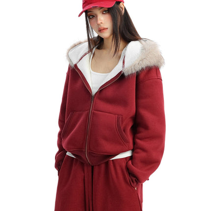 TALKLESSFASHION BIGGOLD Red Battle Robe Fur Collar Hooded Sweatshirt Women's Autumn Winter New Year Top Christmas Plush Pants Two-Piece Set