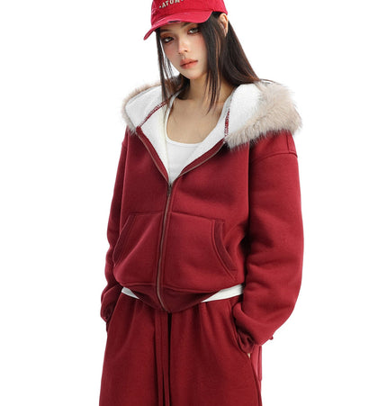 THETLSTUDIO BIGGOLD Red Battle Robe Fur Collar Hooded Sweatshirt Women's Autumn Winter New Year Top Christmas Plush Pants Two-Piece Set