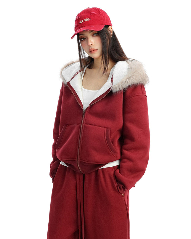 TALKLESSFASHION BIGGOLD Red Battle Robe Fur Collar Hooded Sweatshirt Women's Autumn Winter New Year Top Christmas Plush Pants Two-Piece Set