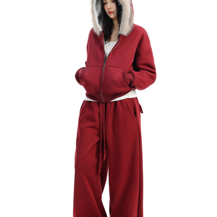 TALKLESSFASHION BIGGOLD Red Battle Robe Fur Collar Hooded Sweatshirt Women's Autumn Winter New Year Top Christmas Plush Pants Two-Piece Set