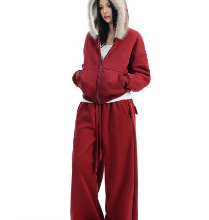 THETLSTUDIO BIGGOLD Red Battle Robe Fur Collar Hooded Sweatshirt Women's Autumn Winter New Year Top Christmas Plush Pants Two-Piece Set
