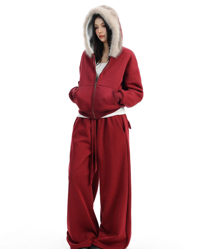 TALKLESSFASHION BIGGOLD Red Battle Robe Fur Collar Hooded Sweatshirt Women's Autumn Winter New Year Top Christmas Plush Pants Two-Piece Set