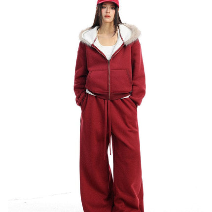 TALKLESSFASHION BIGGOLD Red Battle Robe Fur Collar Hooded Sweatshirt Women's Autumn Winter New Year Top Christmas Plush Pants Two-Piece Set