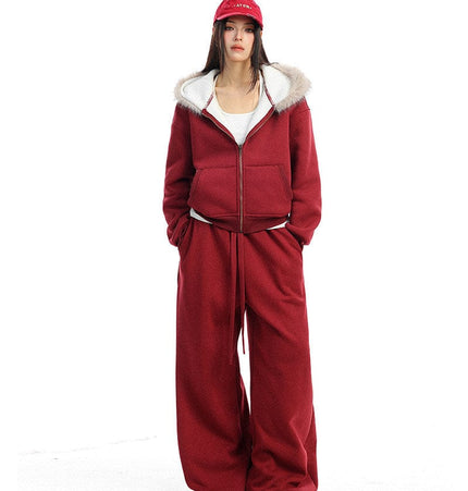 THETLSTUDIO BIGGOLD Red Battle Robe Fur Collar Hooded Sweatshirt Women's Autumn Winter New Year Top Christmas Plush Pants Two-Piece Set