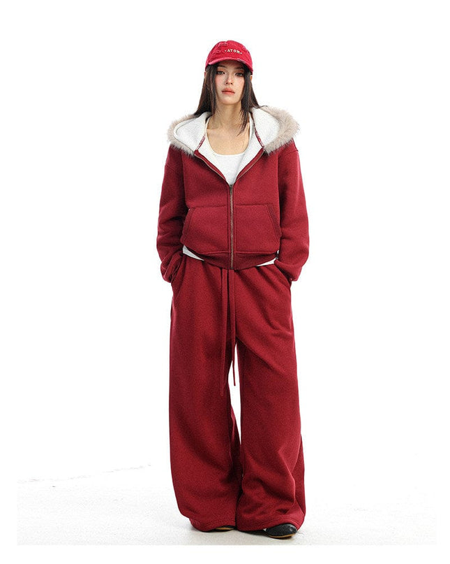 TALKLESSFASHION BIGGOLD Red Battle Robe Fur Collar Hooded Sweatshirt Women's Autumn Winter New Year Top Christmas Plush Pants Two-Piece Set