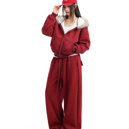 TALKLESSFASHION BIGGOLD Red Battle Robe Fur Collar Hooded Sweatshirt Women's Autumn Winter New Year Top Christmas Plush Pants Two-Piece Set