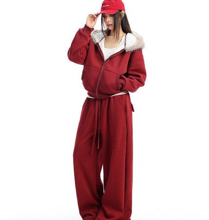 THETLSTUDIO BIGGOLD Red Battle Robe Fur Collar Hooded Sweatshirt Women's Autumn Winter New Year Top Christmas Plush Pants Two-Piece Set