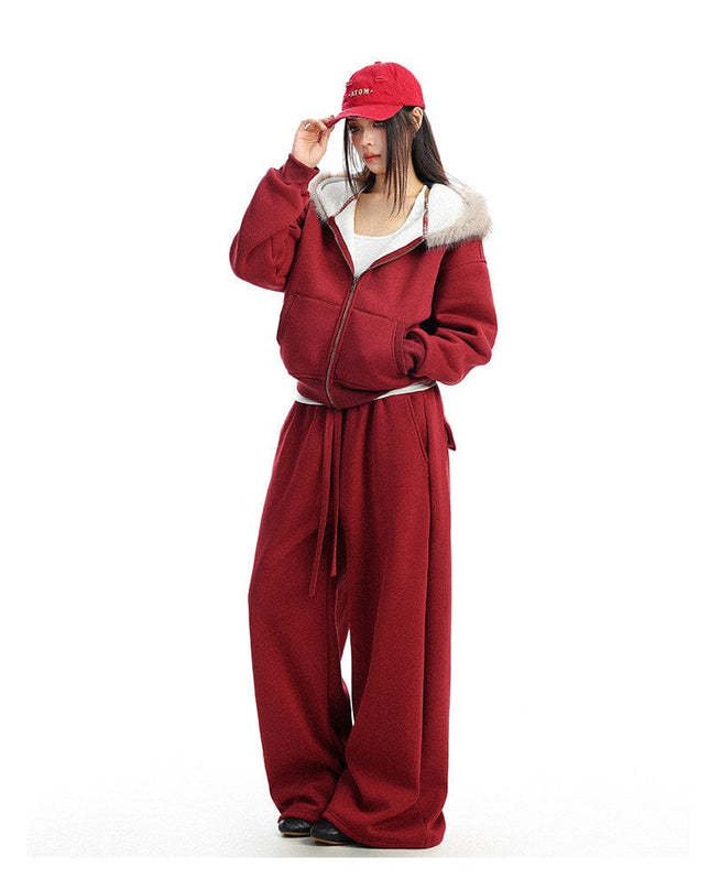 TALKLESSFASHION BIGGOLD Red Battle Robe Fur Collar Hooded Sweatshirt Women's Autumn Winter New Year Top Christmas Plush Pants Two-Piece Set