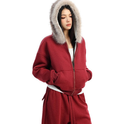 TALKLESSFASHION BIGGOLD Red Battle Robe Fur Collar Hooded Sweatshirt Women's Autumn Winter New Year Top Christmas Plush Pants Two-Piece Set