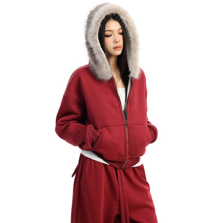 THETLSTUDIO BIGGOLD Red Battle Robe Fur Collar Hooded Sweatshirt Women's Autumn Winter New Year Top Christmas Plush Pants Two-Piece Set