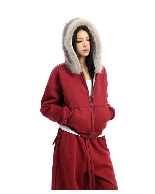 TALKLESSFASHION BIGGOLD Red Battle Robe Fur Collar Hooded Sweatshirt Women's Autumn Winter New Year Top Christmas Plush Pants Two-Piece Set