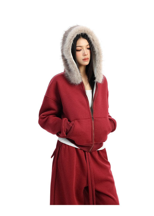 TALKLESSFASHION BIGGOLD Red Battle Robe Fur Collar Hooded Sweatshirt Women's Autumn Winter New Year Top Christmas Plush Pants Two-Piece Set
