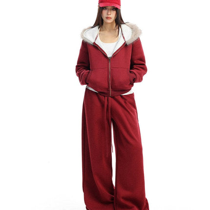 TALKLESSFASHION BIGGOLD Red Battle Robe Fur Collar Hooded Sweatshirt Women's Autumn Winter New Year Top Christmas Plush Pants Two-Piece Set