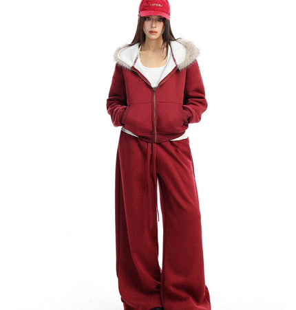 THETLSTUDIO BIGGOLD Red Battle Robe Fur Collar Hooded Sweatshirt Women's Autumn Winter New Year Top Christmas Plush Pants Two-Piece Set