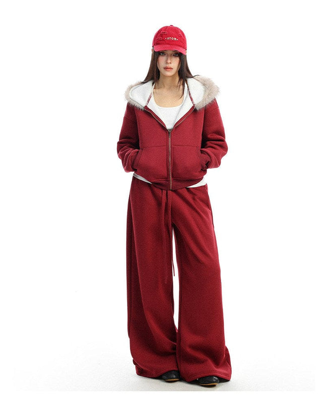 TALKLESSFASHION BIGGOLD Red Battle Robe Fur Collar Hooded Sweatshirt Women's Autumn Winter New Year Top Christmas Plush Pants Two-Piece Set
