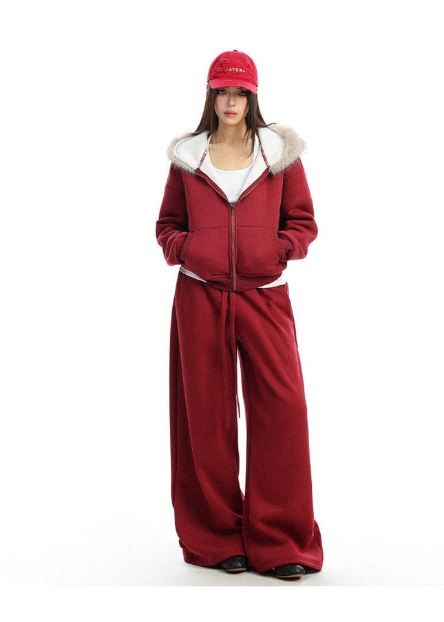TALKLESSFASHION BIGGOLD Red Battle Robe Fur Collar Hooded Sweatshirt Women's Autumn Winter New Year Top Christmas Plush Pants Two-Piece Set