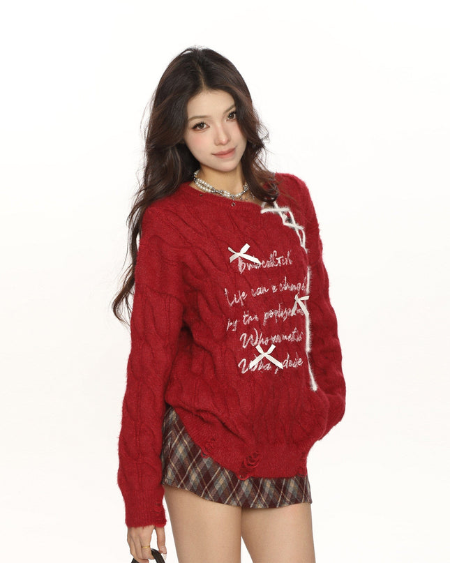 TALKLESSFASHION BIGGOLD Red New Year's Jersey Bow Tie Sweater Women's Autumn and Winter Lazy Wind Soft Waxy Knit Top