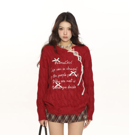 THETLSTUDIO BIGGOLD Red New Year's Jersey Bow Tie Sweater Women's Autumn and Winter Lazy Wind Soft Waxy Knit Top