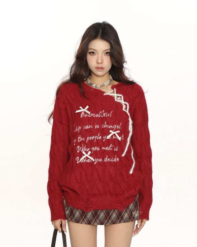 TALKLESSFASHION BIGGOLD Red New Year's Jersey Bow Tie Sweater Women's Autumn and Winter Lazy Wind Soft Waxy Knit Top
