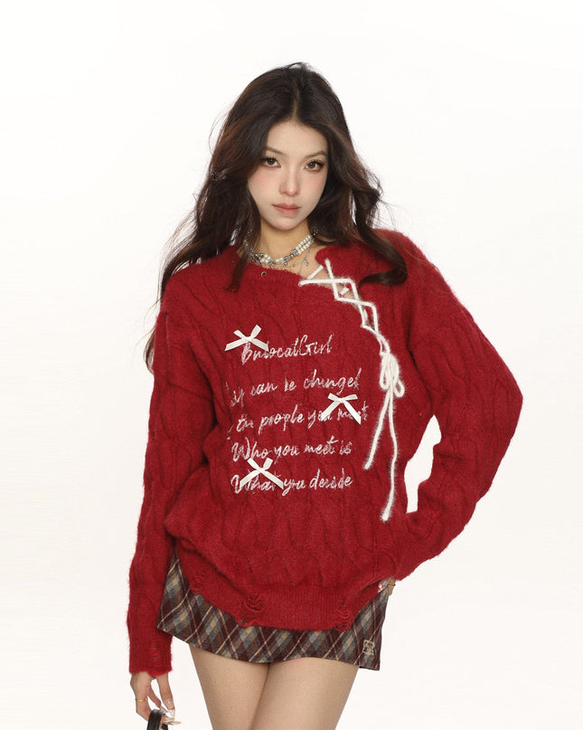 TALKLESSFASHION BIGGOLD Red New Year's Jersey Bow Tie Sweater Women's Autumn and Winter Lazy Wind Soft Waxy Knit Top