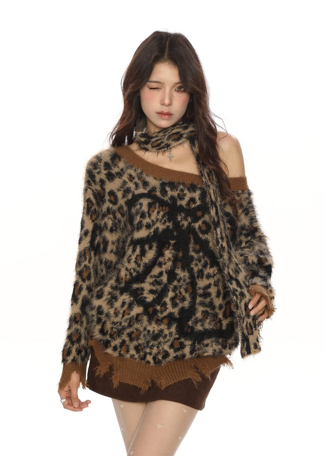 TALKLESSFASHION BIGGOLD sweet cool slanted shoulder leopard print bow soft glut sweater women's autumn and winter lazy style reversible knitwear trend
