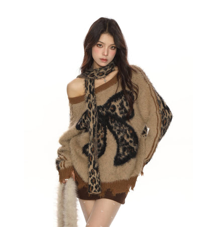 THETLSTUDIO BIGGOLD sweet cool slanted shoulder leopard print bow soft glut sweater women's autumn and winter lazy style reversible knitwear trend