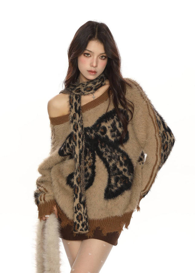 TALKLESSFASHION BIGGOLD sweet cool slanted shoulder leopard print bow soft glut sweater women's autumn and winter lazy style reversible knitwear trend