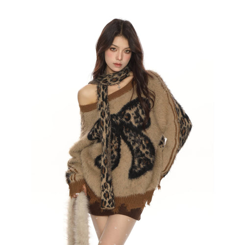 THETLSTUDIO BIGGOLD sweet cool slanted shoulder leopard print bow soft glut sweater women's autumn and winter lazy style reversible knitwear trend
