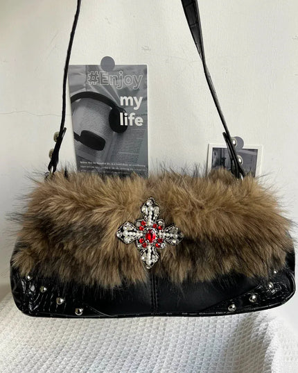 TALKLESSFASHION Black and brown color matching MoonCat original plush sweet cool underarm bag personality niche rhinestone millennial hot girl one-shoulder autumn and winter bag bag girl