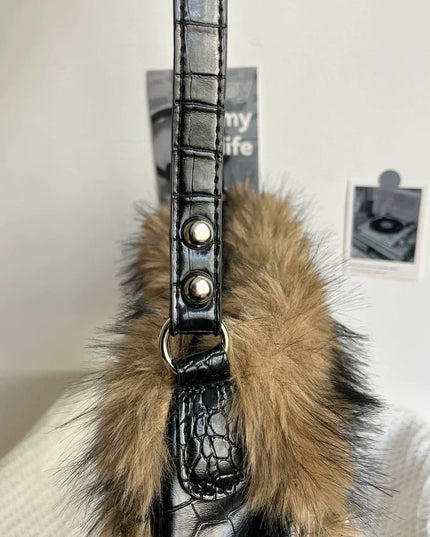 TALKLESSFASHION Black and brown color matching MoonCat original plush sweet cool underarm bag personality niche rhinestone millennial hot girl one-shoulder autumn and winter bag bag girl
