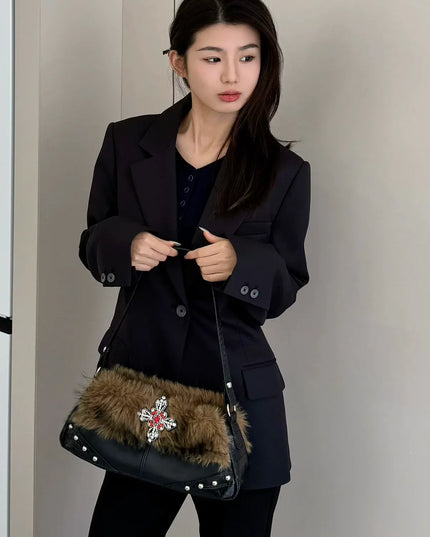 TALKLESSFASHION Black and brown color matching MoonCat original plush sweet cool underarm bag personality niche rhinestone millennial hot girl one-shoulder autumn and winter bag bag girl