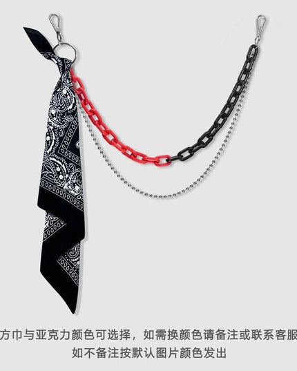 TALKLESSFASHION Black and red double chain + black scarf hip hop pants chain accessoriesins