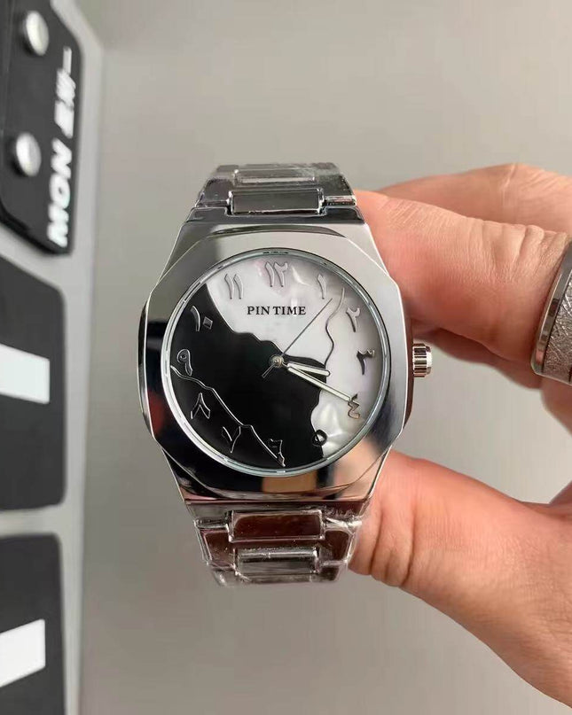 TALKLESSFASHION Black and white pattern Square silver band square watch