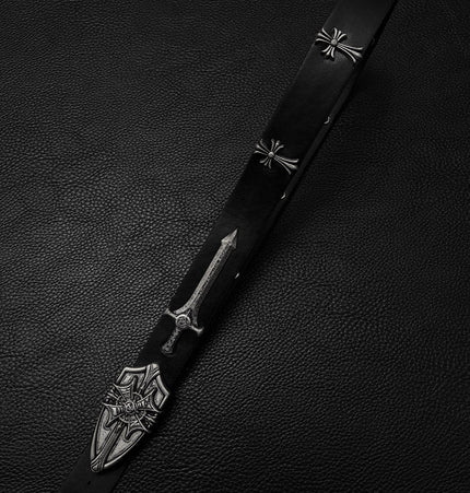 TALKLESSFASHION Black for waist circumference (75-95) cm Direction of Light Vintage Aged Sword Shield Belt Antique Silver Black Belt Vintage Crow Heart