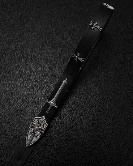 TALKLESSFASHION Black for waist circumference (75-95) cm Direction of Light Vintage Aged Sword Shield Belt Antique Silver Black Belt Vintage Crow Heart